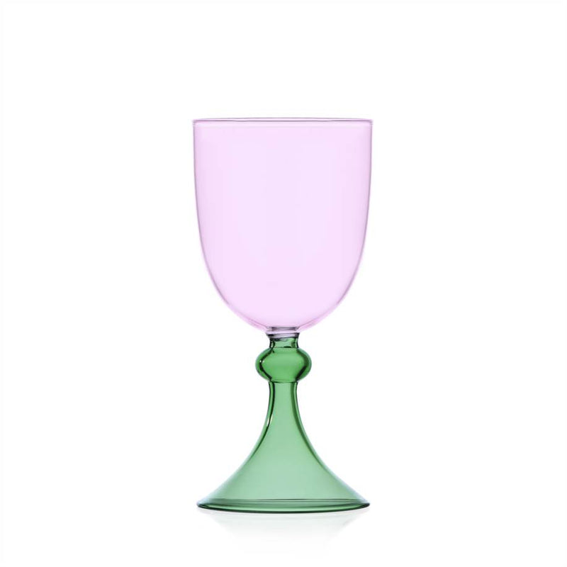 Ichendorf Tamigi Goblet, Pink/Green, 10.1 oz: A handblown, pink-to-green glass chalice with a rounded stem, epitomizing elegance and artisan craftsmanship for sophisticated dining experiences.