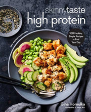 Cover of “Skinnytaste High Protein” cookbook by Gina Homolka, showcasing a high-protein dish with chicken, edamame, and rice, emphasizing nutritious, simple recipes.