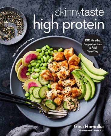 Cover of “Skinnytaste High Protein” cookbook by Gina Homolka, showcasing a high-protein dish with chicken, edamame, and rice, emphasizing nutritious, simple recipes.