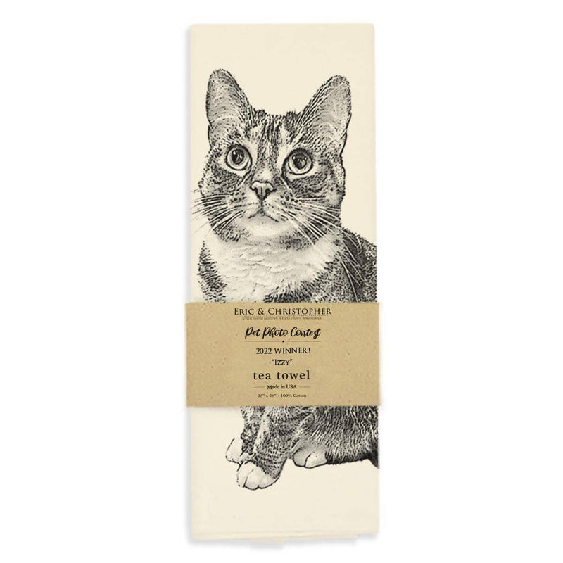 Eric & Christopher - Cat Tea Towel featuring Izzy, 2022 contest winner. Cream cotton, black illustration, 26x26, USA-made, screen printed, pre-shrunk.