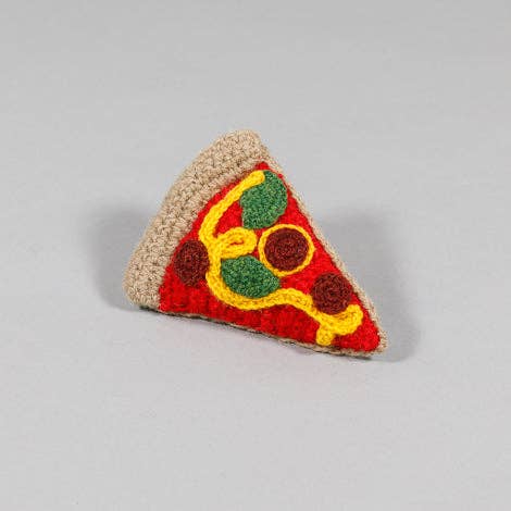 Ware of the Dog - Hand Knit Pizza Dog Toy: A 6 1/4-inch crocheted pizza slice toy with yarn toppings and a squeaker, handmade from lambswool by craftswomen in Nepal.