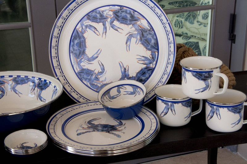 Golden Rabbit Home - Set of 6 Blue Crab Tasting Dishes displayed on a table, featuring intricate crab designs, ideal for adding elegance to your dining experience.