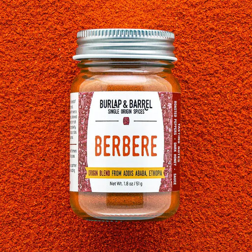 Burlap & Barrel - Berbere - Single Origin Spice & Seasoning Blend in a glass jar, showcasing its Ethiopian origins and versatile culinary uses.