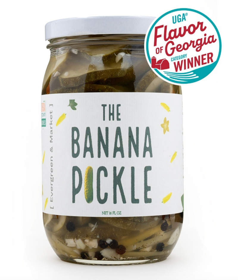[PICKLES] by Evergreen and Market - The Banana Pickle, a jar of pickled banana spears in brine, features peppercorns and a UGA Flavor of Georgia award badge.