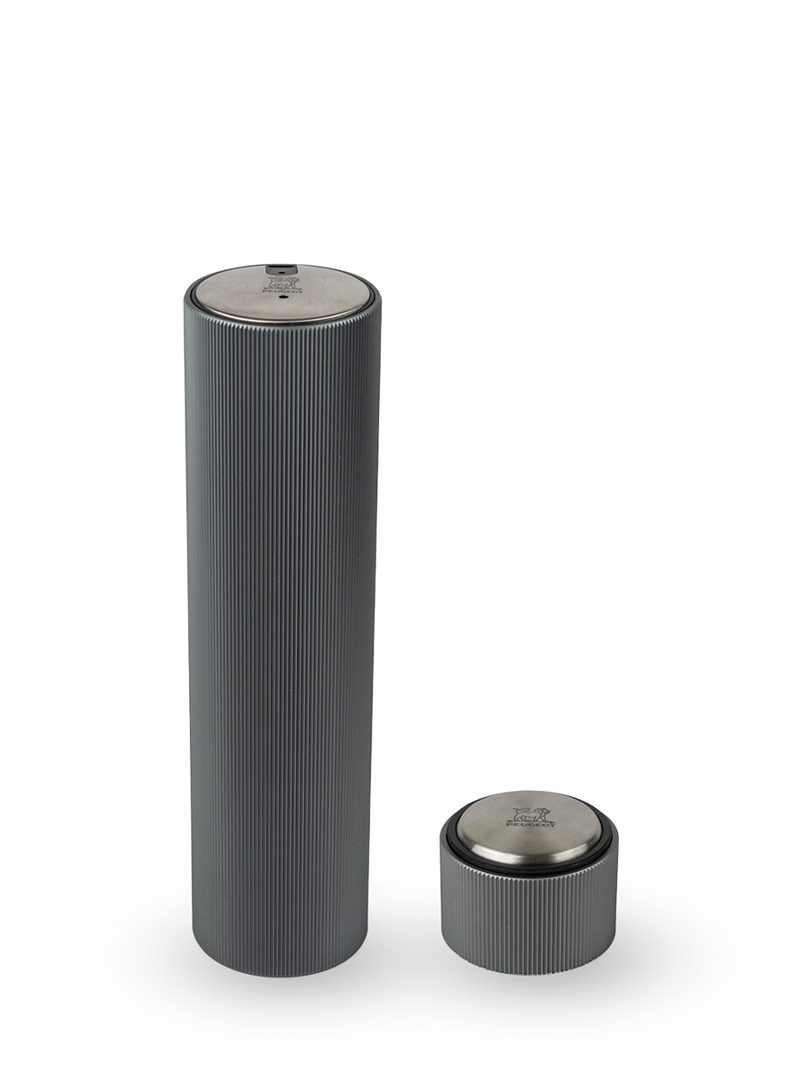 Peugeot | Line Reverse Corkscrew, Carbon, showcased with sleek salt and pepper mills, featuring a matte grey ribbed finish and stainless-steel caps embossed with the Peugeot logo.