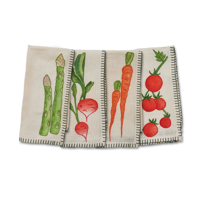 Misette | Still Life Embroidered Linen Napkins in Green, Set of 4