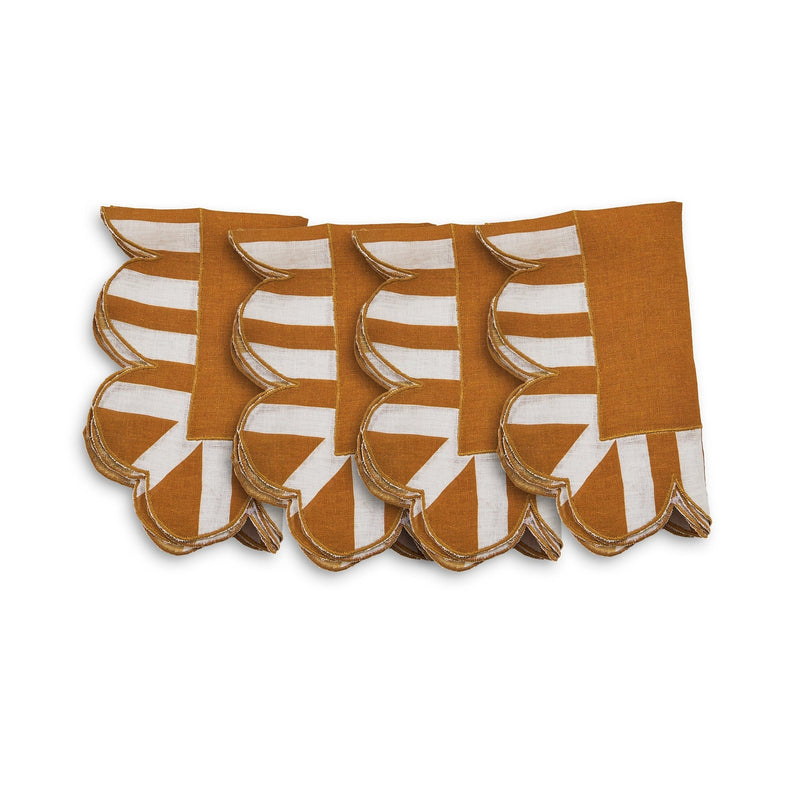 Misette | Jardin Embroidered Linen Scalloped Stripe Napkins with Color Backing in Amber, Set of 4