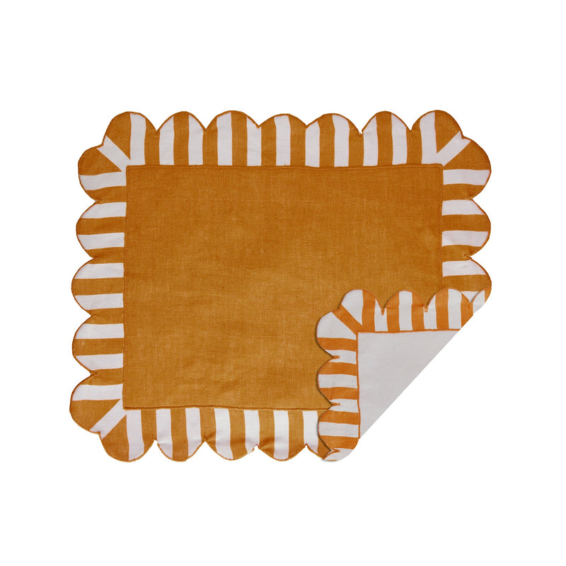 Misette | Jardin Embroidered Linen Scalloped Stripe Double-Sided Placemats in Amber, Set of 4