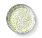 Round porcelain plate with intricate leaf pattern, part of 'Mom's Garden' Pre-Formed Plate Liners collection, ideal for elegant serving.