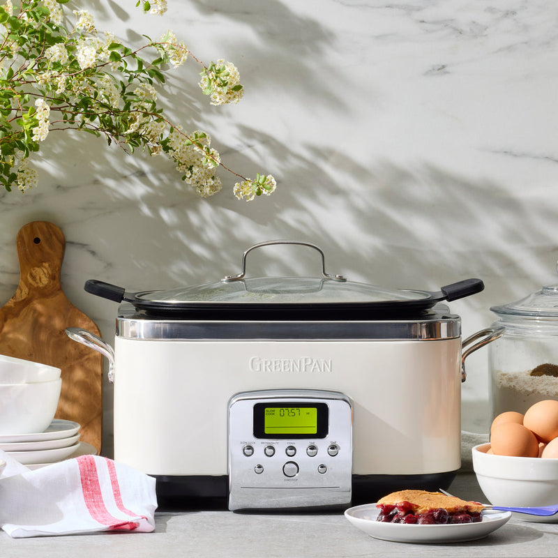 GreenPan | 6 Quart Slow Cooker - Cloud Cream with ceramic nonstick coating, ideal for slow cooking, roasting, or steaming in versatile, modern kitchens.