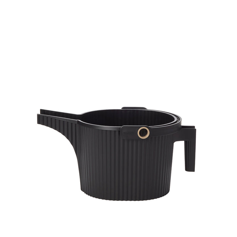 Hachiman | Garden Beetle, Small Black: Ribbed planting pot with integrated bracket and adjustable clamp for rail hanging; perfect for balcony gardens.