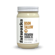 Fatworks Grass Fed Bison Tallow (14 oz) in a glass jar, ideal for cooking, sourced from 100% grass-fed bison, perfect for low-carb diets.
