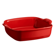 Emile Henry Square Bakers, Burgundy: Glossy red ceramic baking dish with flared sides and integrated handles, ideal for casseroles and oven-to-table serving.