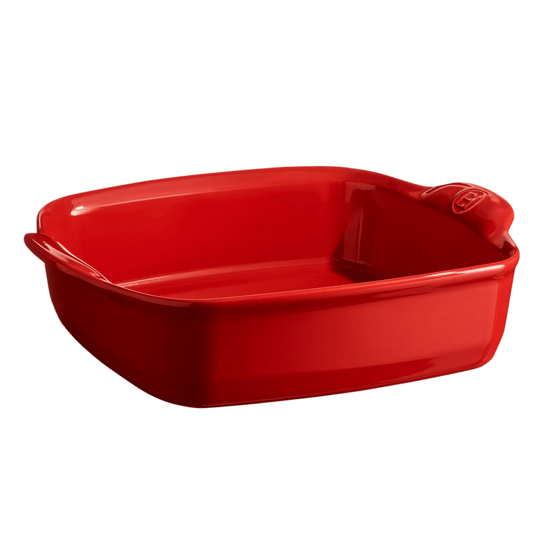Emile Henry Square Bakers, Burgundy: Glossy red ceramic baking dish with flared sides and integrated handles, ideal for casseroles and oven-to-table serving.