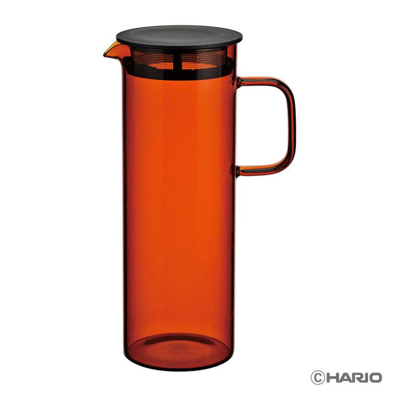 HARIO USA - HARIO Colors Glass Cold Brew Pitcher, 800ml: Amber with black lid and mesh filter for brewing tea or coffee.