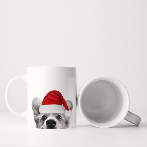 Perkie Prints - Santa Hat Corgi 1 Mug features a corgi in a Santa hat, ideal for festive sipping, crafted from durable ceramic, microwave, and dishwasher-safe.