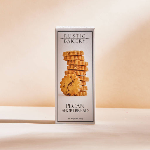 Rustic Bakery - Shortbread Cookies - Pecan Shortbread Box featuring scalloped-edge pecan shortbread cookies, highlighting the classic buttery taste with Madagascar vanilla and pecans.