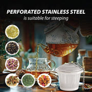 HIC Kitchen Barrel Tea Infuser, Large, shown with a glass teapot and various herbal teas, ideal for convenient loose-leaf brewing.