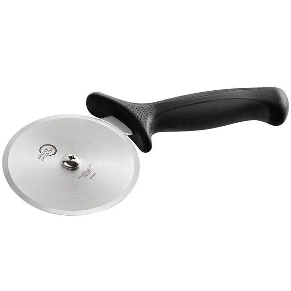 Mercer Culinary 5 High Carbon Steel Pizza Cutter features a sharp, stainless-steel blade and ergonomic handle with textured grips for precision and safety in slicing.