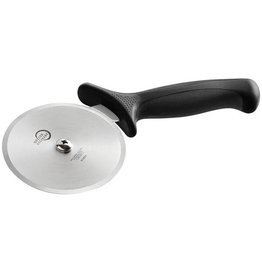 Mercer Culinary 5 High Carbon Steel Pizza Cutter features a sharp, stainless-steel blade and ergonomic handle with textured grips for precision and safety in slicing.