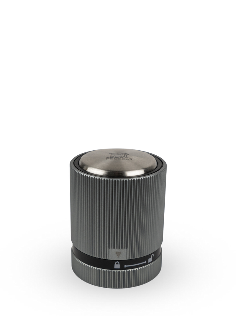 Peugeot | Line Sparkling Wine Stopper with ribbed aluminum casing and Peugeot lion-stamped stainless-steel top, designed for airtight champagne bottle sealing.