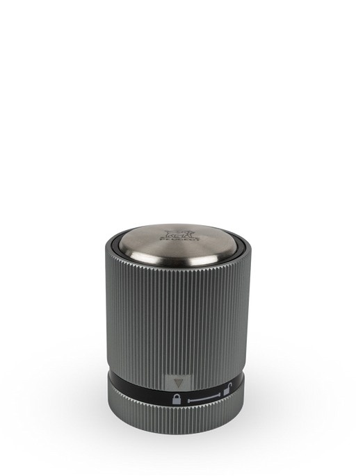 Peugeot | Line Sparkling Wine Stopper with ribbed aluminum casing and Peugeot lion-stamped stainless-steel top, designed for airtight champagne bottle sealing.