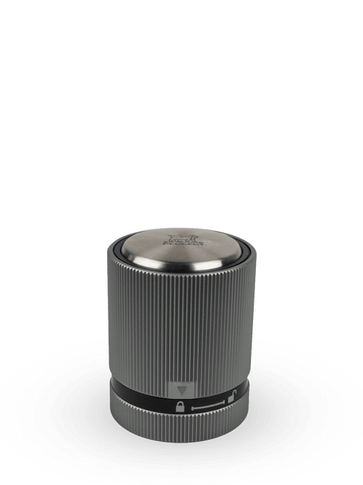 Peugeot BULK DISPLAY Line Bottle Stopper with a carbon finish, featuring a silver cylindrical design and close-up details of the lock, logo, and bar code.