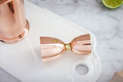 Coppermill Kitchen Vintage Inspired Jigger and Shaker set, featuring an Art Deco engine turn pattern, designed for elegant cocktail preparation.