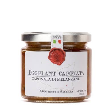 The French Farm - Frantoi Cutrera Eggplant Caponata 6.7oz jar, showcasing a Sicilian relish with eggplant, olives, and herbs, perfect for appetizers.