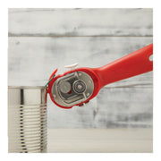 Kuhn Rikon LidLifter, Red in action, self-attaching to a can's rim, ensuring a clean, safe lid removal without sharp edges.