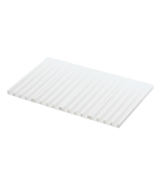 Yamazaki Home - Tower Folding Dish Drainer Mat in white silicone, featuring parallel grooves for efficient drying and foldable design for easy storage.