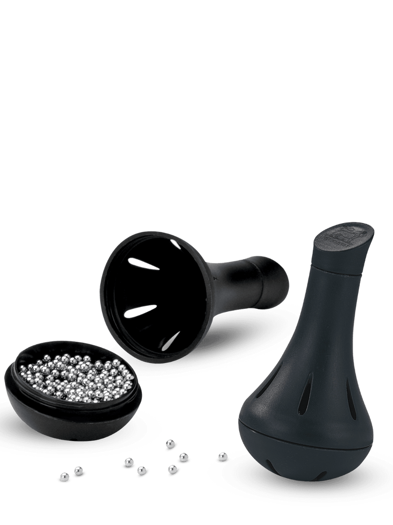 Peugeot | BULK BOX Bilbo Cleaning Beads for Decanter; black object containing silver beads, designed for effective cleaning of decanters.