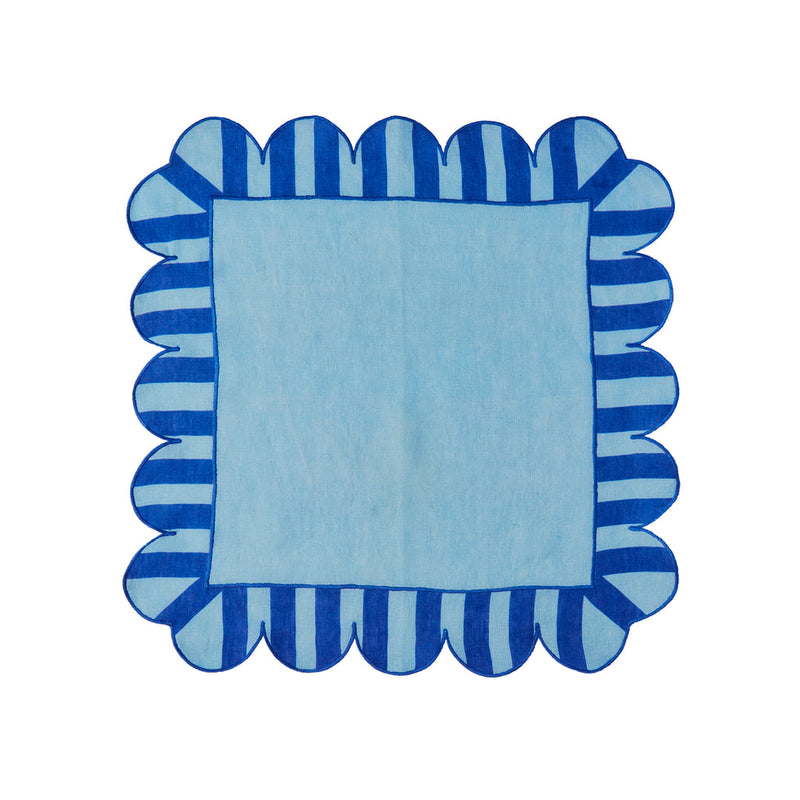 Misette | Jardin Embroidered Linen Scalloped Stripe Napkins with Color Backing in Blue, Set of 4