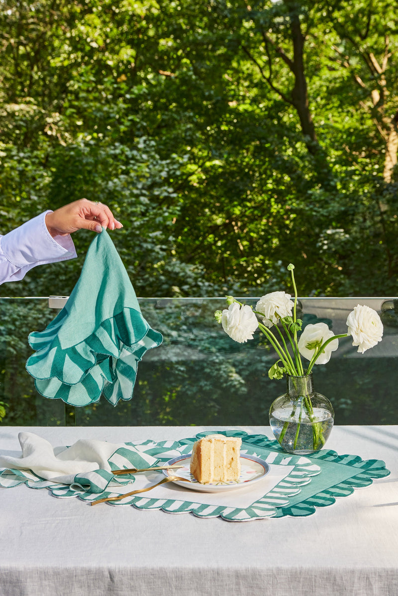 Misette | Jardin Embroidered Linen Scalloped Stripe Double-Sided Placemats in Green, Set of 4