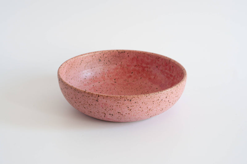 RachaelPots - Pasta Bowl Small: Sage, speckled ceramic with mottled pink-red glaze, round with sloping sides, ideal for pasta or as a small serving bowl.