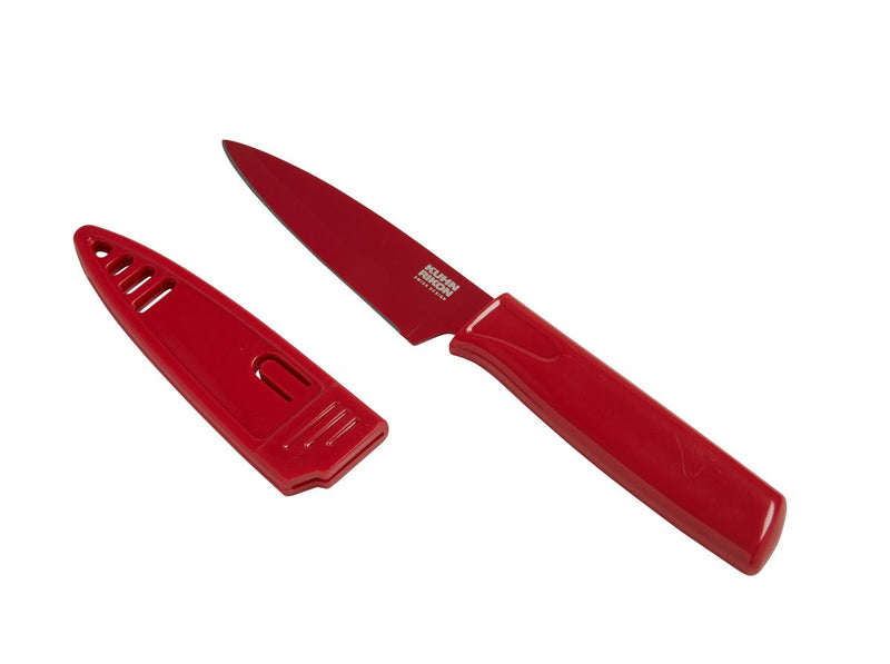 Kuhn Rikon | Colori Paring Knife (Apple) with red handle and sheath, ideal for precise peeling and slicing, featuring a sharp Japanese stainless steel blade. Perfect for culinary enthusiasts.
