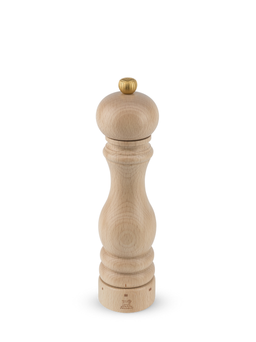 Peugeot | Paris u'Select Pepper Mill, 9-inch, natural wood with classic curved design and brass knob, showcasing Peugeot's heritage and effective grinding mechanism.