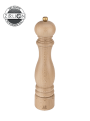 Peugeot | Paris u'Select Natural Wood Salt Mill, 12 inches, featuring a slender silhouette, brass knob, and Peugeot lion logo, ideal for precise seasoning.