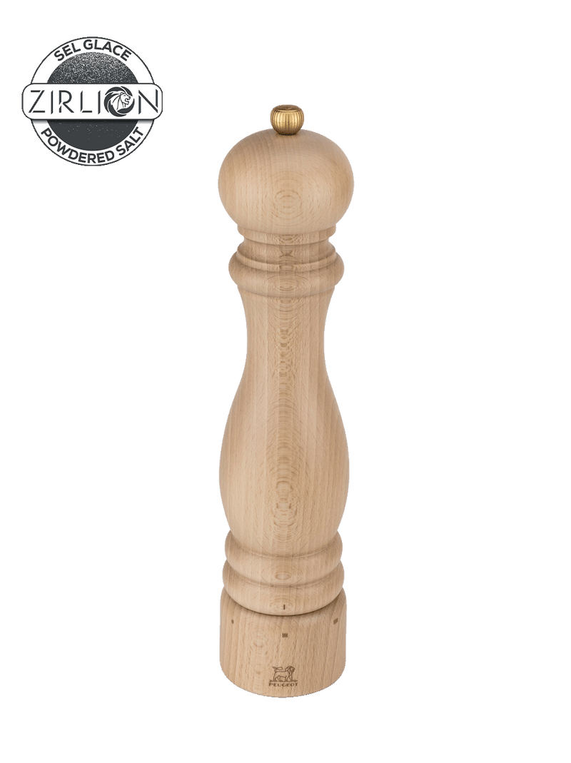 Peugeot | Paris u'Select Natural Wood Salt Mill, 12 inches, featuring a slender silhouette, brass knob, and Peugeot lion logo, ideal for precise seasoning.