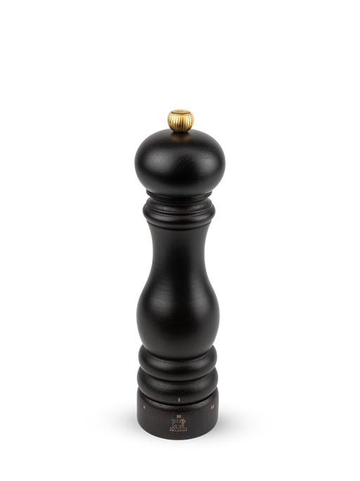 Peugeot Paris u'Select Wood Pepper Mill, 9-inch, with black finish, brass knob, and Peugeot logo, featuring ergonomic design and adjustable grind mechanism.