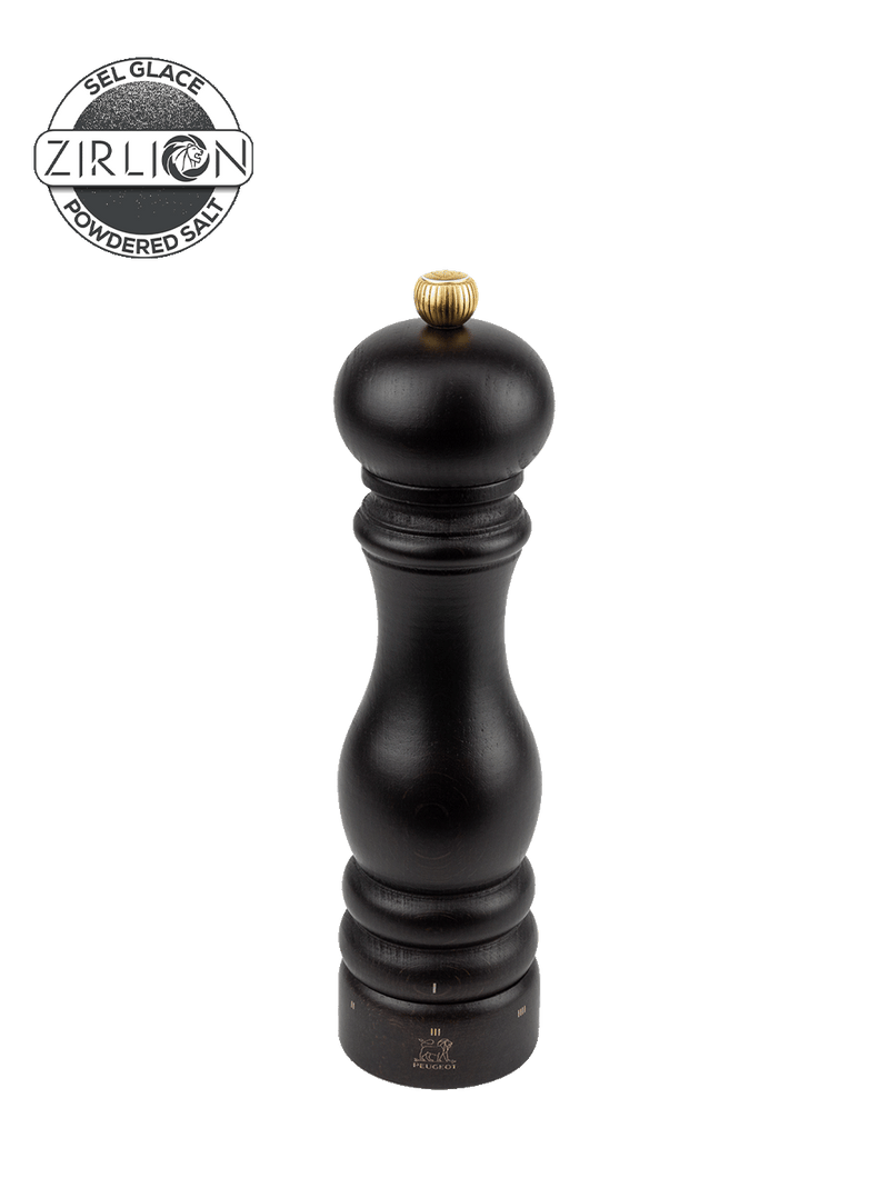 Peugeot Paris u'Select Wood Salt Mill in chocolate finish, featuring a brass knob, fineness calibration, and a lion logo, ideal for refined cooking.