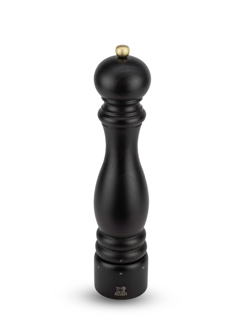 Peugeot | Paris u'Select Wood Salt Mill Chocolate, 12 inches: A tall, dark-stained wooden mill with a brass knob, featuring a lion logo near the base.