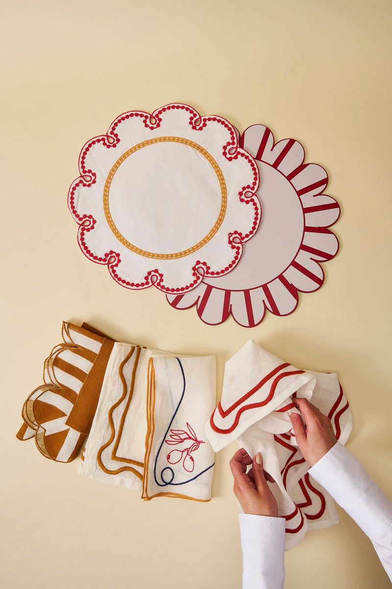Misette | Jardin Embroidered Linen Scalloped Stripe Napkins with Color Backing in Amber, Set of 4