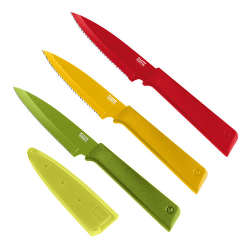 Kuhn Rikon | Colori Prep Set: Three color-coded kitchen knives with sharp Japanese stainless steel blades and ergonomic handles, featuring a matching green sheath for safe storage.