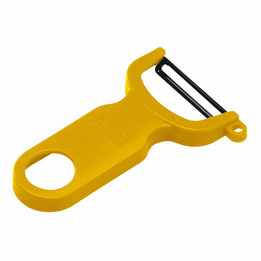 Kuhn Rikon | Original Swiss Peeler, Yellow, with ergonomic handle and razor-sharp carbon steel blade, includes integrated potato eye remover. Ideal for versatile fruit and vegetable peeling.