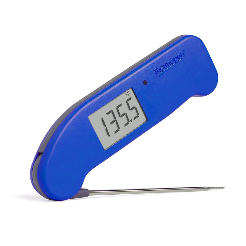 ThermoWorks | Thermapen ONE - Electric Blue: Instant-read digital cooking thermometer with an extended metal probe, displaying 135.5°F for precise and rapid temperature reading.