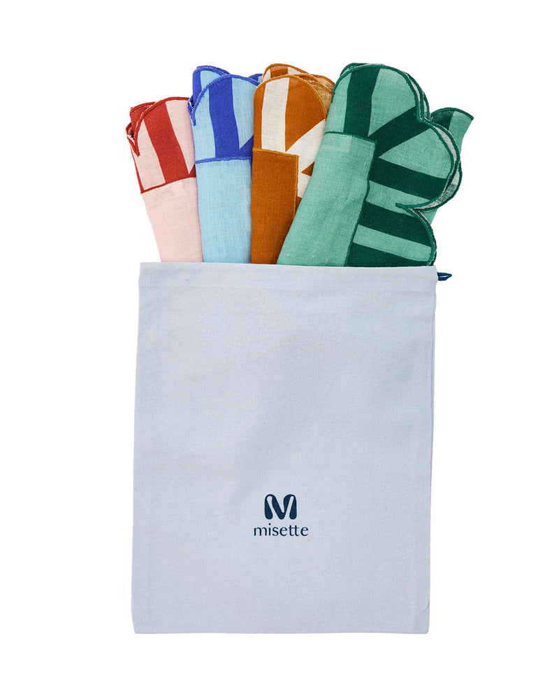 Misette | Jardin Embroidered Linen Scalloped Stripe Napkins with Color Backing in Blue, Set of 4