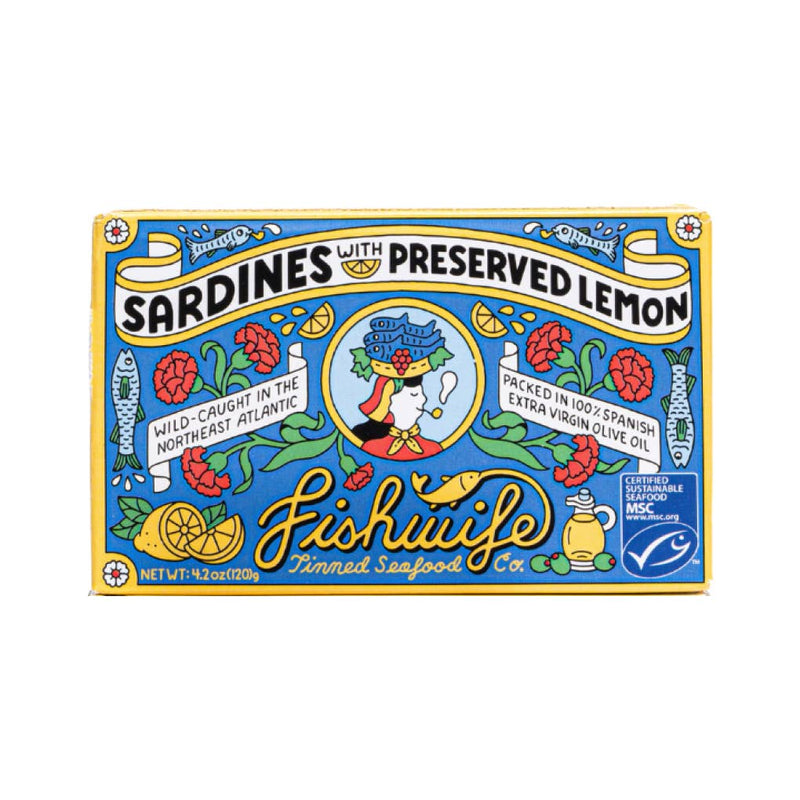 Fishwife - Sardines with Preserved Lemon in a colorful tin, featuring vibrant illustrations, responsibly wild-caught, hand-packed with Spanish olive oil, ideal for gourmet culinary experiences.