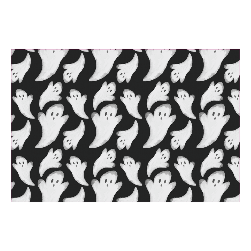 Carolina Creekhouse - Fab-Boo-Lous FloorFlat features a pattern of small, stylized white ghosts on black, perfect for adding a spooky, stylish touch to any space.