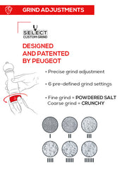 Peugeot Paris Satin Black u'Select Salt Mill, 12 inches, showcasing adjustable grind settings from fine to coarse, patented by Peugeot, with six precision options.
